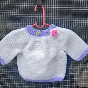 Handmade White and Purple Baby Sweater with Pink Flower